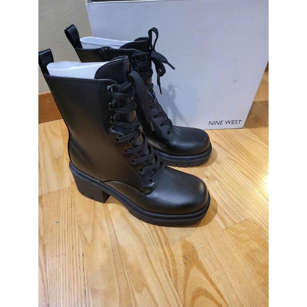 Nine West Juna3 Combat Ankle Boots Womens Size 8 M Black Chunky Heel NEW Box